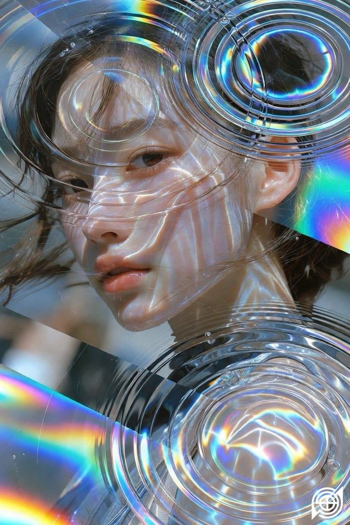 A photorealistic portrait of a young woman with brown hair, her face partially obscured by clear, rippling circular patterns and iridescent light refractions.