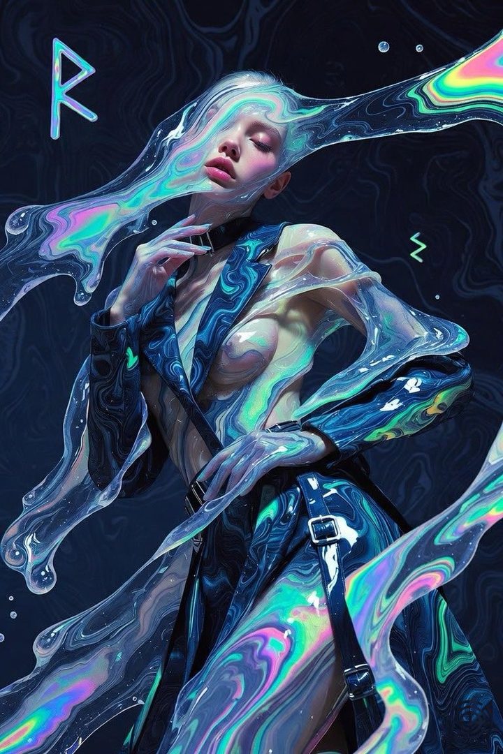 A woman with white hair and a dark coat is covered in iridescent liquid, with a dark background.
