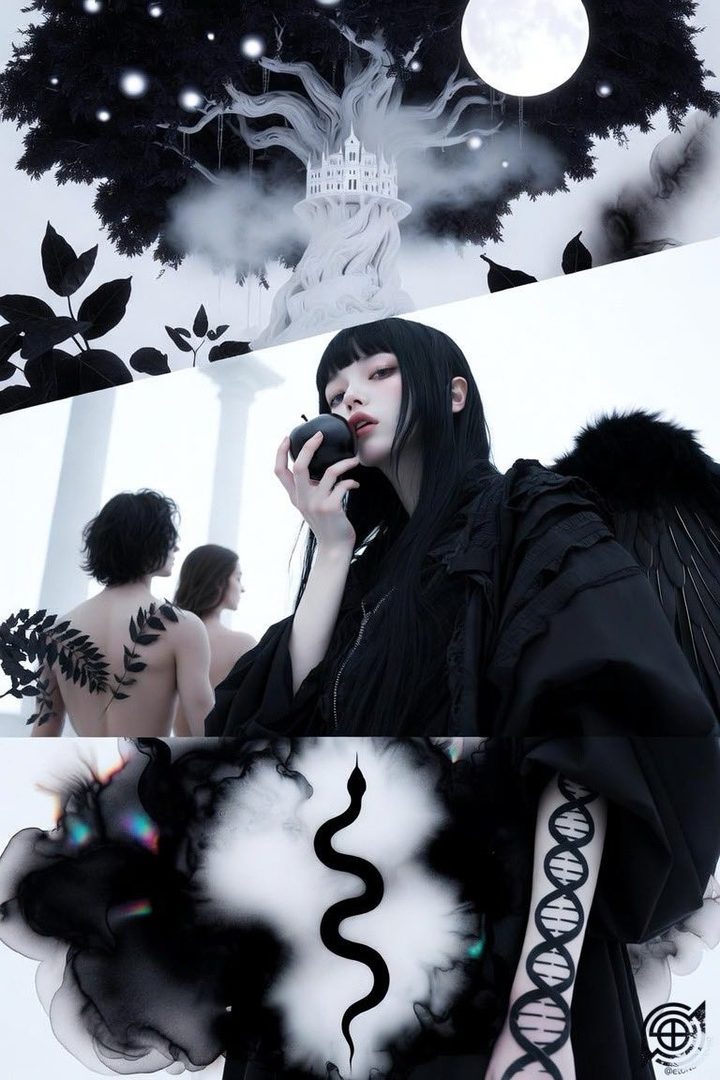 A dark fantasy image featuring a woman with black hair and wings holding a black apple, with other figures and symbolic elements like a snake and a tree.