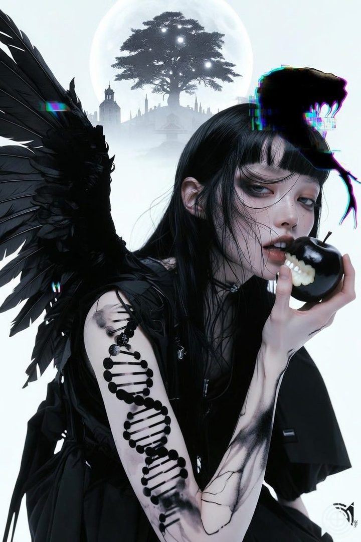 A dark fantasy portrait of a woman with black wings and a DNA strand tattoo, biting into a black apple under a full moon.