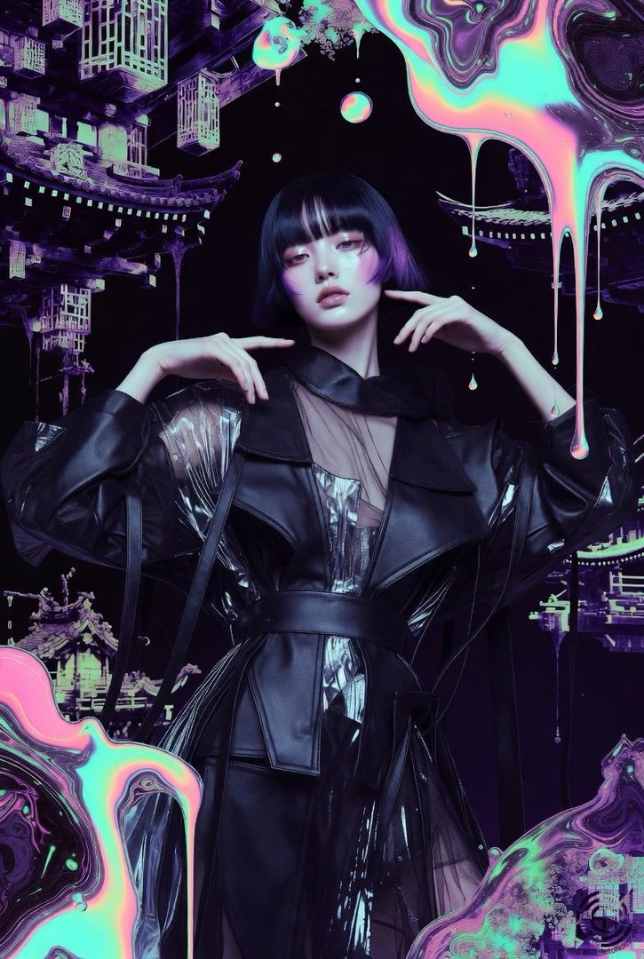 A woman with short black hair and bangs wears a black and clear futuristic coat, with purple and pink abstract elements and traditional Japanese architecture in the background.