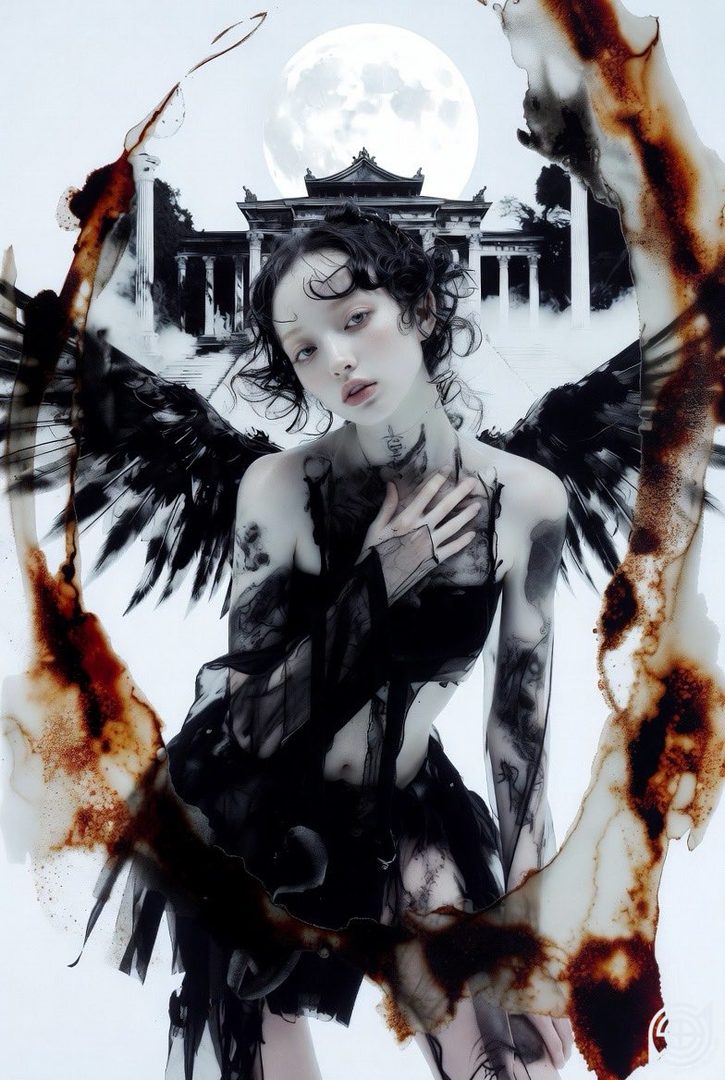A fantasy portrait of a woman with black wings and dark, flowing attire, set against a white background with a full moon and ancient-looking architecture.