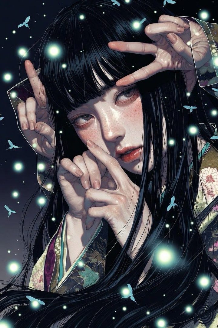 A semi-realistic portrait of a woman with long black hair and bangs, wearing a kimono, surrounded by glowing fireflies at night.