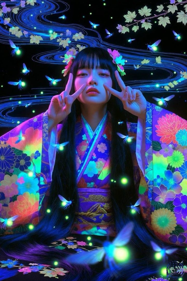 A woman in a vibrant, glowing kimono makes peace signs, surrounded by luminous butterflies and swirling patterns against a dark background.
