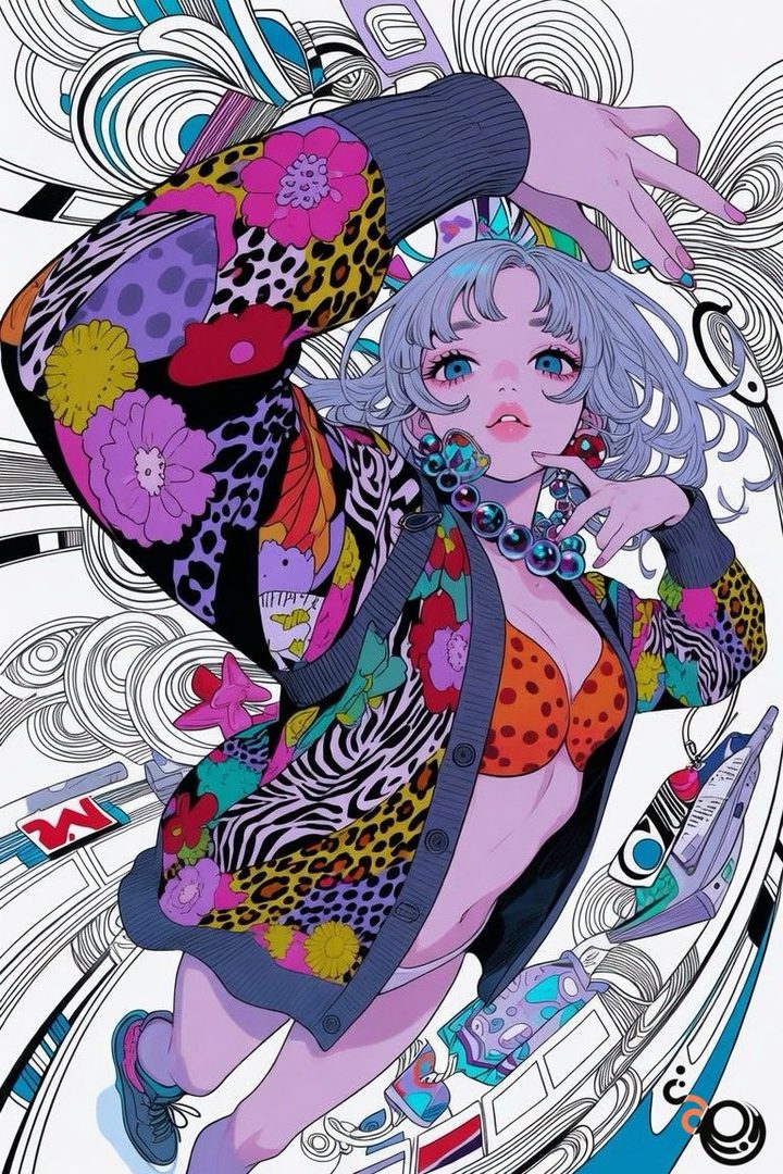 An anime-style illustration of a woman with short white hair wearing a colorful patterned cardigan over a polka dot bikini top, with a playful expression.