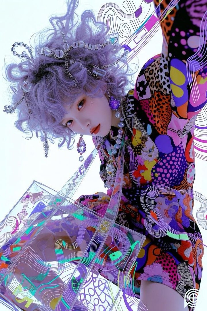 A woman with short white curly hair and a colorful patterned dress poses with a clear bag.