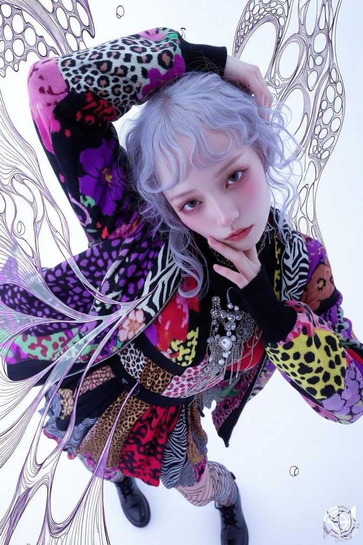 A woman with light purple hair and a colorful patterned sweater poses in a studio with abstract line art.