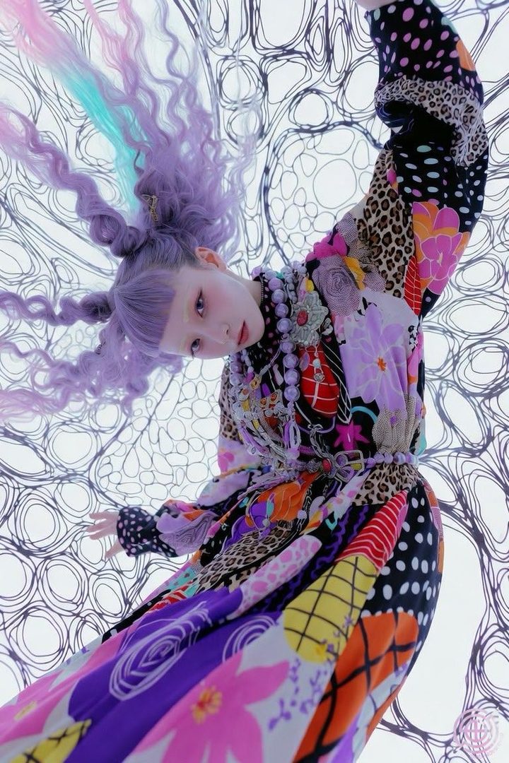 A woman with long, curly, multi-colored hair and a vibrant patchwork dress poses against a white background with abstract black lines.