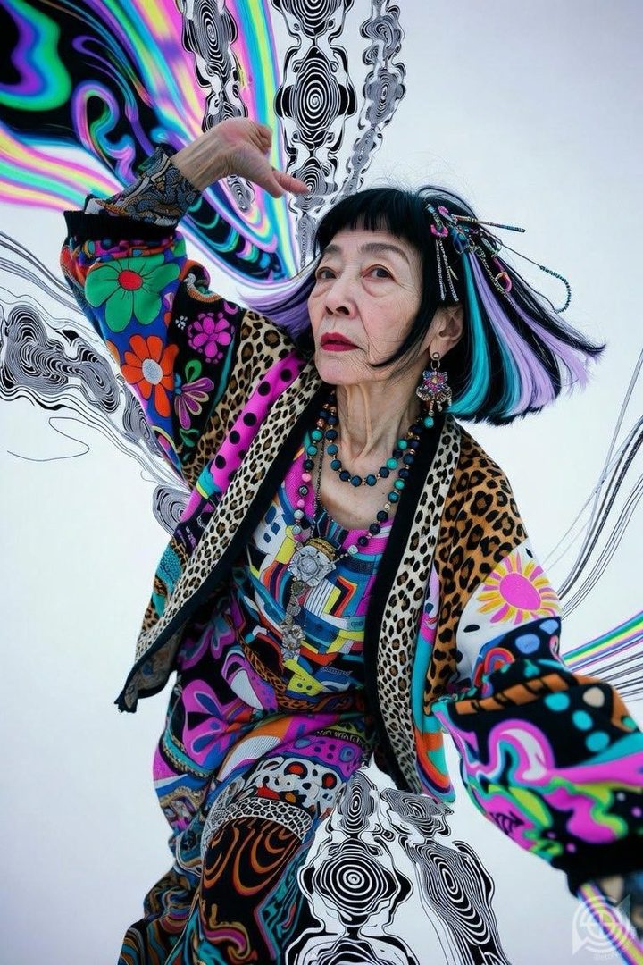 A vibrant portrait of an elderly East Asian woman with short black hair and blue highlights, wearing a colorful patterned coat and necklace, against a white background with abstract swirling lines.
