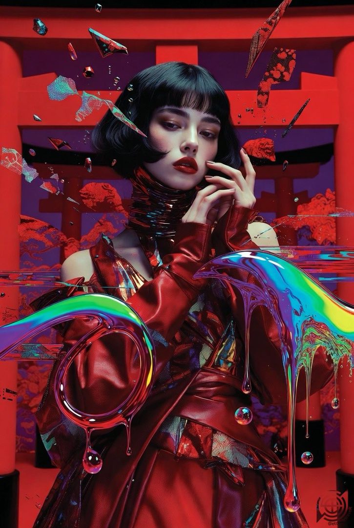 A woman with short black hair and bangs, wearing a red outfit, with colorful liquid effects and a red torii gate in the background.