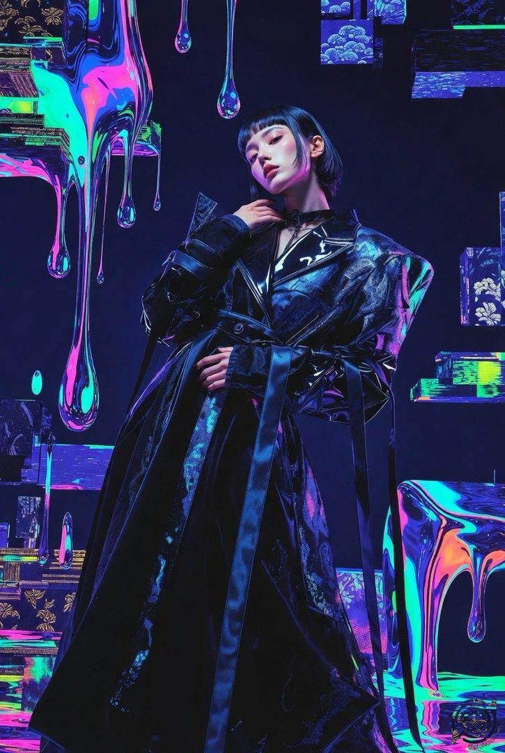 A woman with short black hair and bangs wears a long, dark, shiny coat in a futuristic setting with colorful liquid drips.