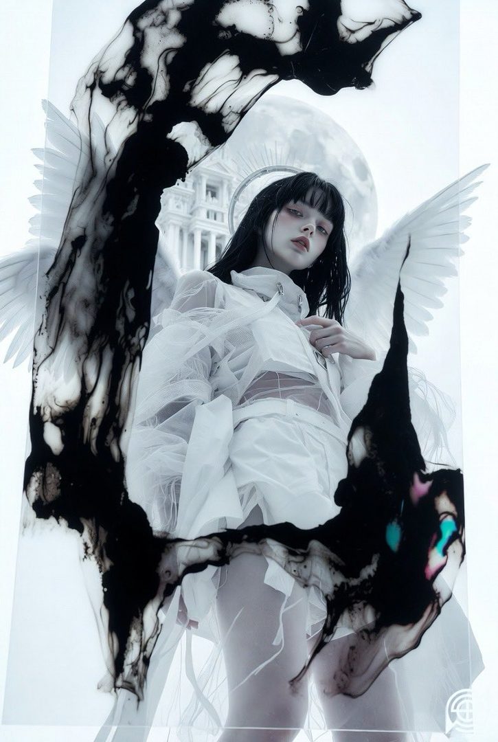 A pale-skinned woman with black hair and bangs, wearing a sheer white top and shorts, stands with large white wings and a halo, against a backdrop of a full moon and a classical building.