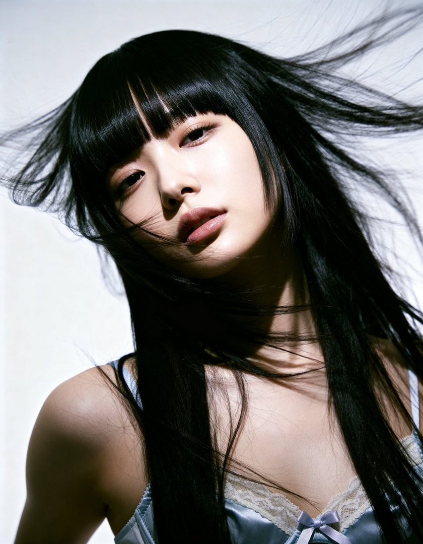 A beautiful East Asian woman with long black hair and bangs, wearing a light blue top with lace details, poses in a studio setting.