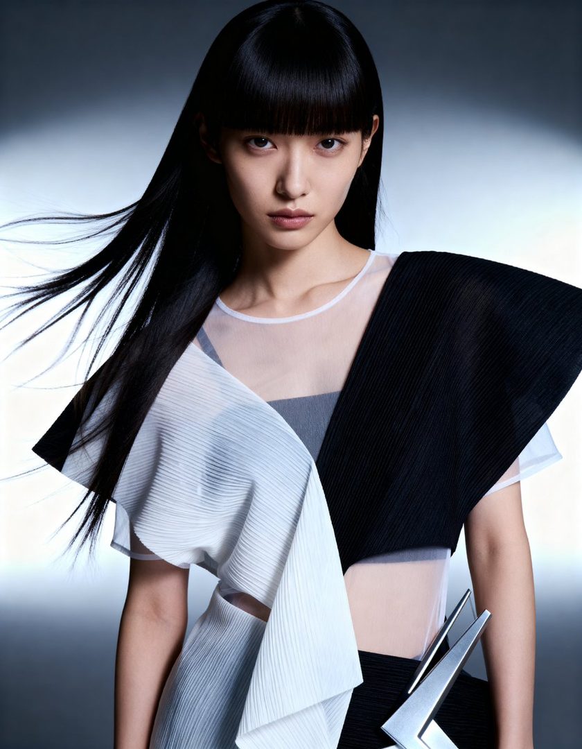 A woman with long black hair and bangs wears a black and white pleated top in a studio setting.