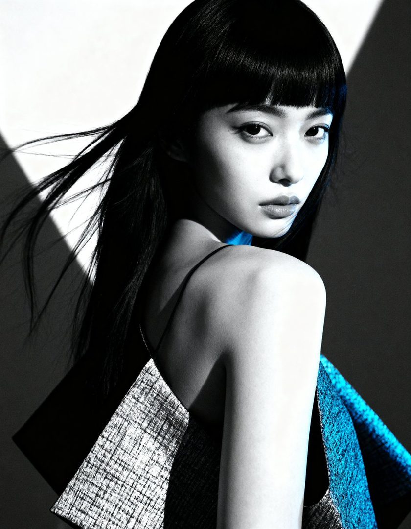 A striking portrait of a woman with long black hair and bangs, wearing a patterned dress, with a blue light accent.