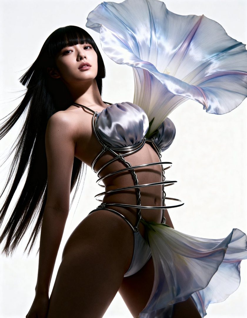 A woman with long black hair and bangs poses in a unique floral-inspired outfit with metal accents and a large morning glory flower.