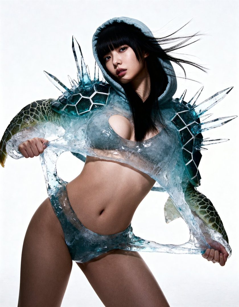 A woman with long black hair and bangs wears a unique, spiky, turtle-shell inspired outfit in a studio setting.
