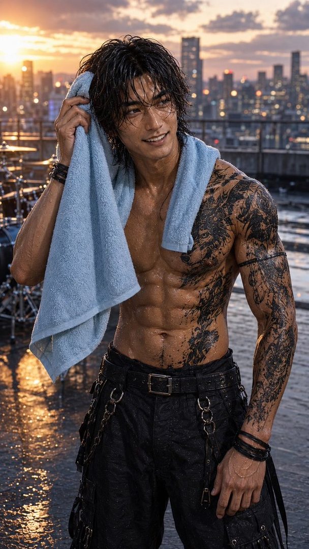 A man with wet black hair and tattoos on his arms and torso, holding a blue towel, stands on a rainy rooftop at golden hour with a city skyline in the background.