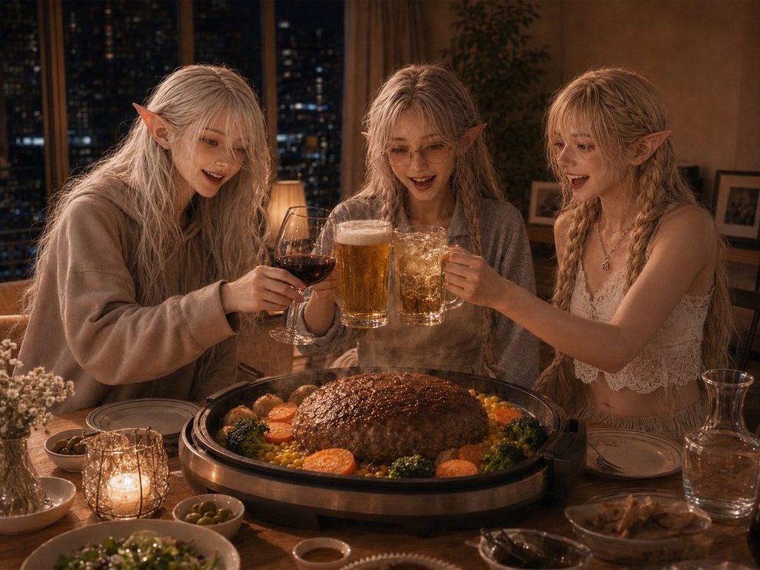 Three elf-eared women with long blonde hair are toasting drinks around a large meal in a cozy indoor setting at night.