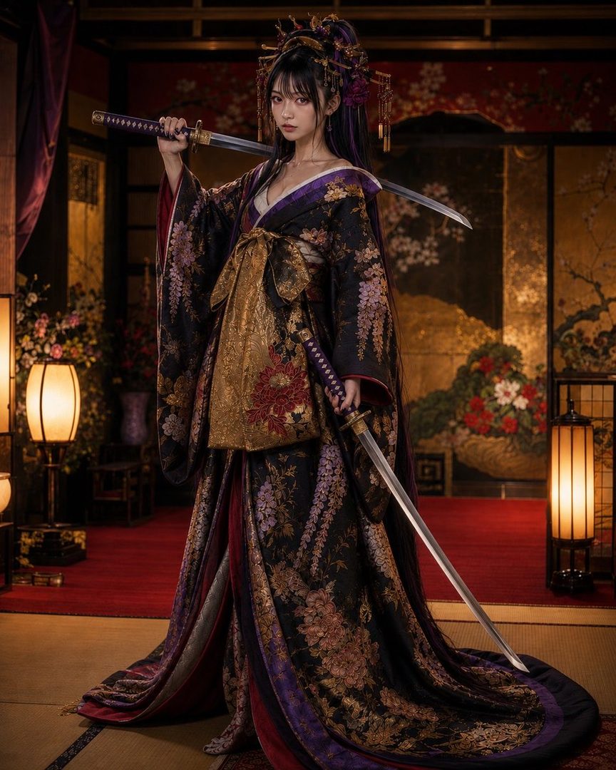 A woman in a traditional Japanese kimono holds two katanas in an indoor setting.