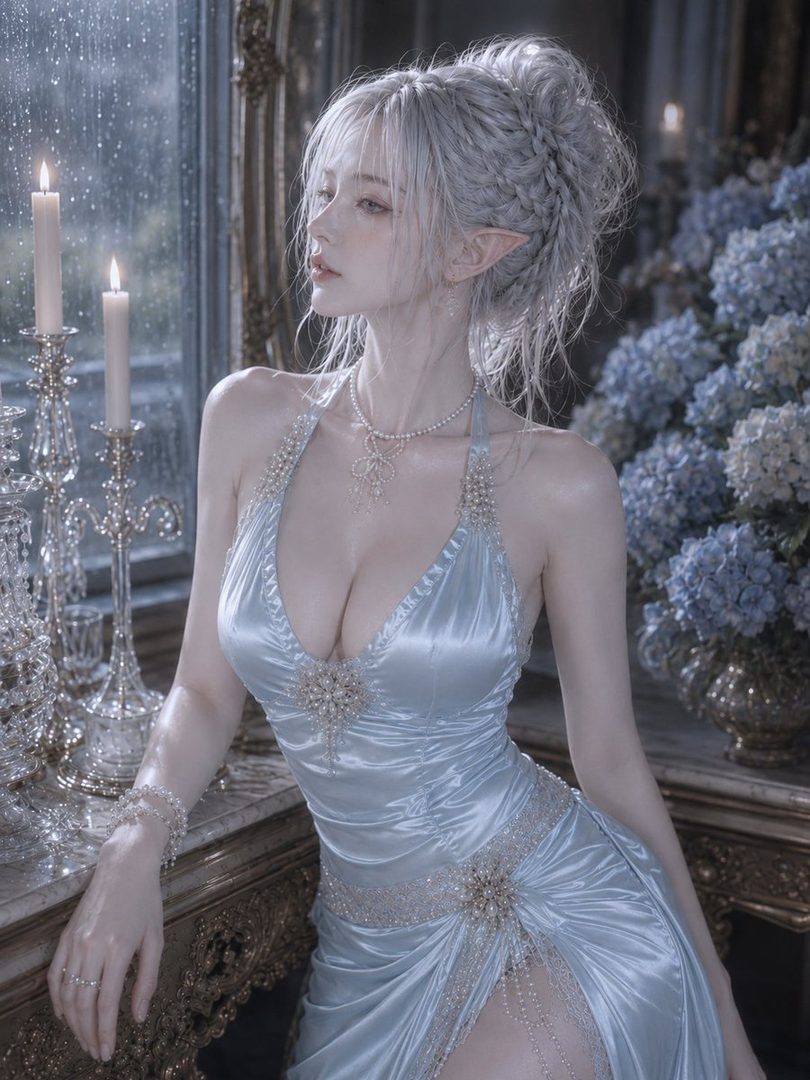 A beautiful woman with white hair and elf ears wears an elegant light blue dress, looking out a rainy window.