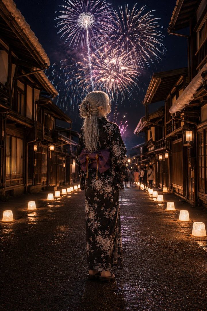 A woman in a kimono stands on a traditional Japanese street at night, watching fireworks.