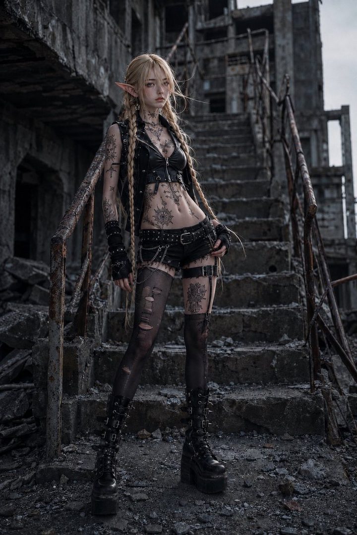 A fantasy-style portrait of a blonde elf woman with braided hair and tattoos, wearing a black punk outfit in a ruined, post-apocalyptic setting.