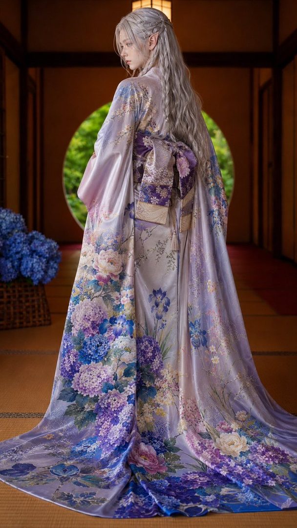 A person with long silver hair and elf ears wears an elaborate purple kimono with floral patterns, standing in a traditional Japanese room with a circular window.