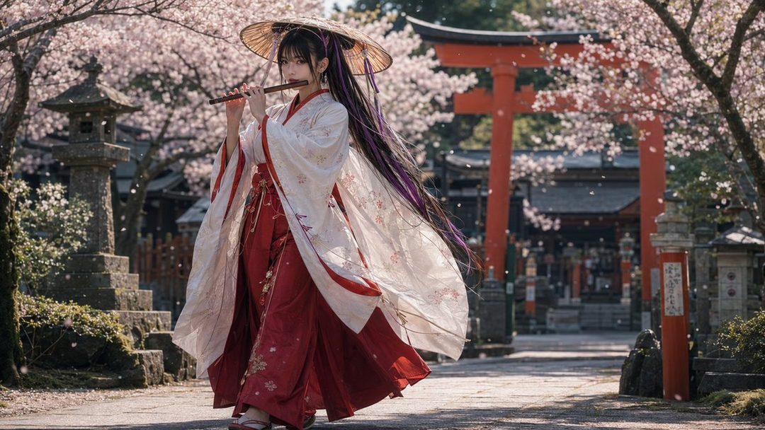 A woman in traditional Japanese attire plays a flute under cherry blossoms at a shrine.