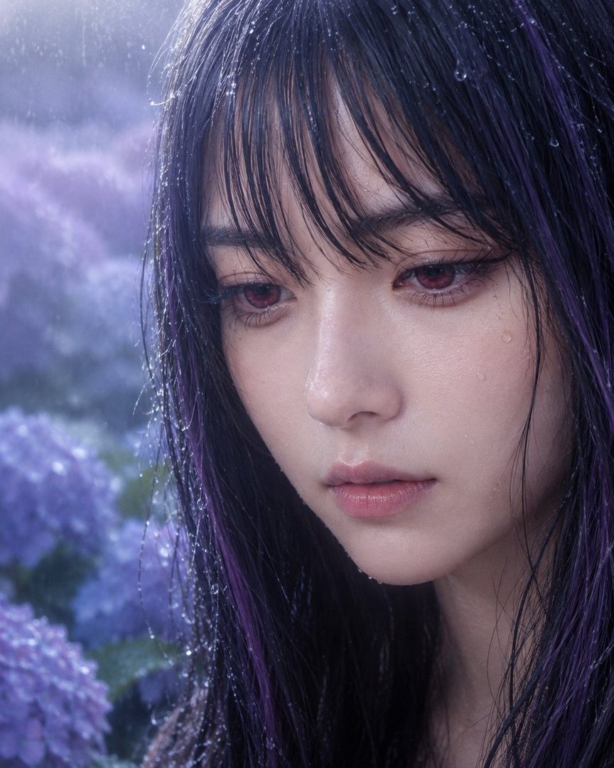 A close-up portrait of a woman with wet black and purple hair, looking down with a dreamy expression, with purple flowers in the background.