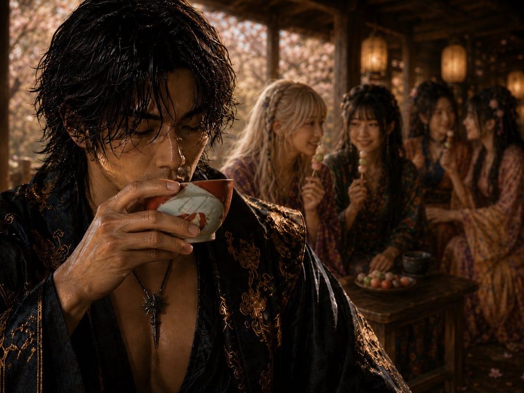A man in traditional Japanese attire sips from a cup while several women in kimonos chat and eat dango in the background.