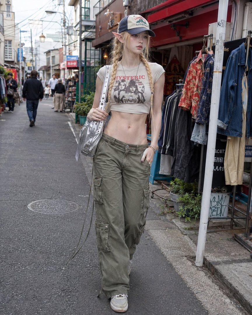 A blonde woman with elf ears and braided hair walks down a street in a crop top, cargo pants, and a baseball cap.