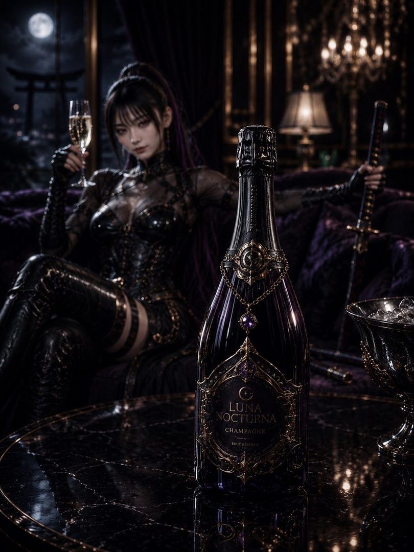 A woman in a dark, ornate dress holds a glass of champagne next to a decorative bottle of 'Luna Nocturna' champagne in a dimly lit, luxurious room.