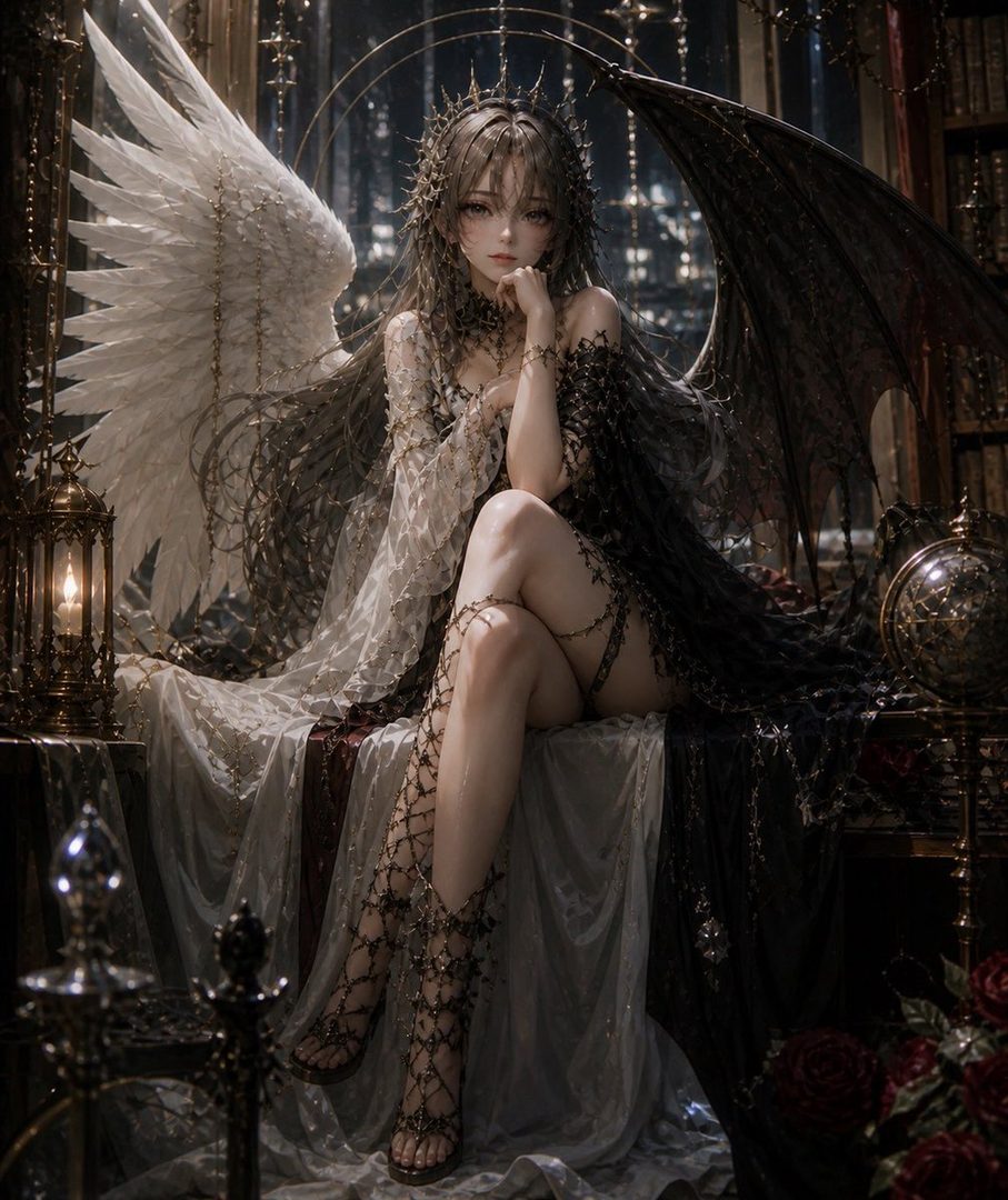 A fantasy portrait of a woman with long brown hair, wearing an ornate dress and wings, sitting indoors.