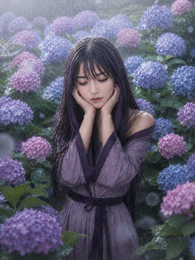 A beautiful woman with long dark hair and a purple dress stands in a garden of hydrangeas in the rain.