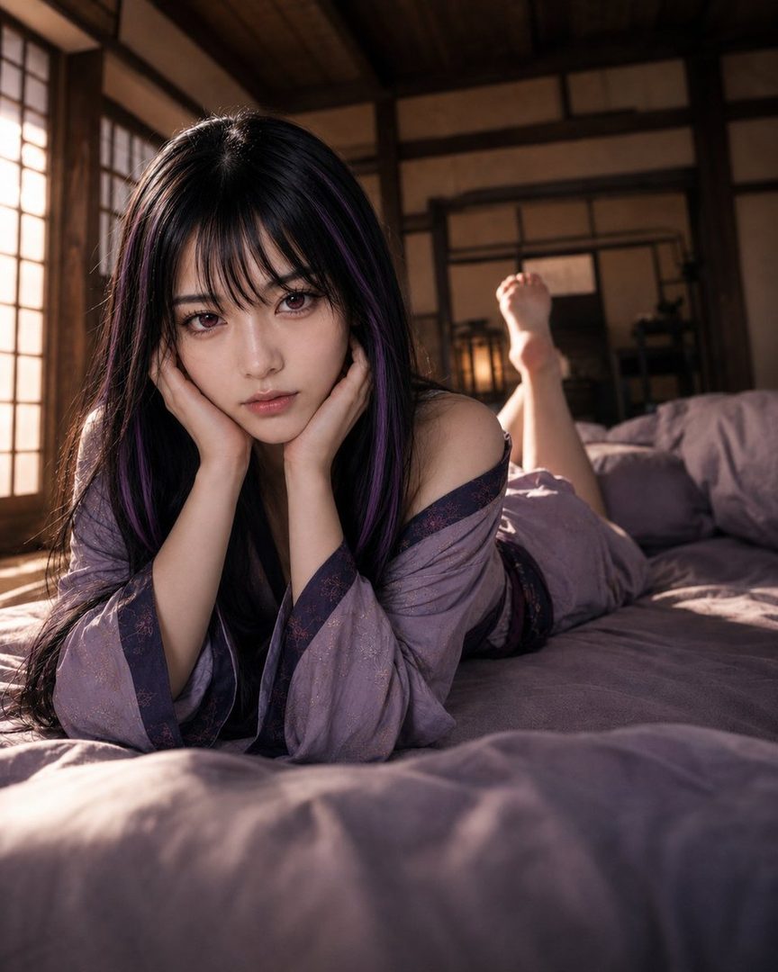 A beautiful woman with long black hair and purple streaks lies on a bed in a traditional Japanese room, wearing a purple kimono.