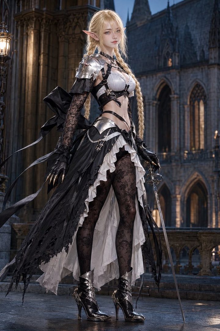 A fantasy portrait of a blonde elf woman with braided hair, wearing a black and silver gothic armored dress, standing outdoors at night.