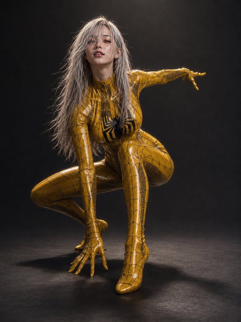 A woman in a yellow and black Spider-Man suit with long silver hair crouches in a studio setting.