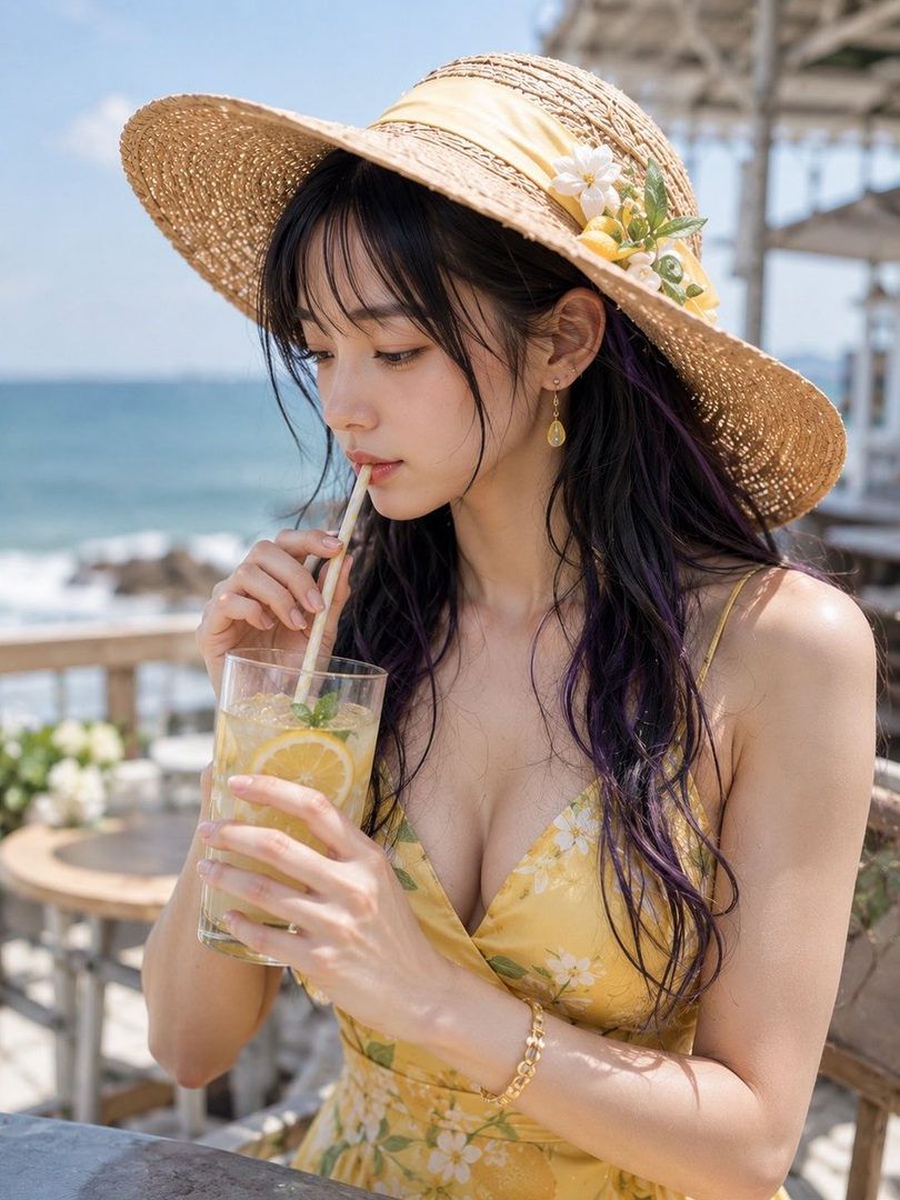 A beautiful East Asian woman in a yellow floral dress and a straw hat sips a refreshing drink outdoors by the sea.