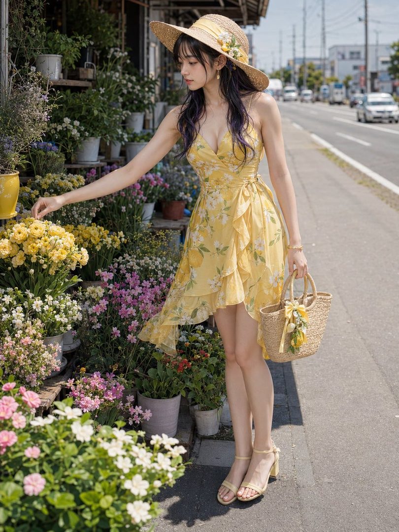 A young woman in a yellow floral dress and straw hat stands by a flower shop on a sunny street.