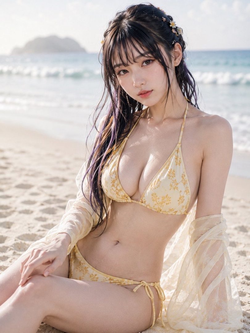 A beautiful East Asian woman with long dark hair and bangs sits on a sandy beach wearing a yellow floral bikini and a sheer cover-up, looking directly at the camera.