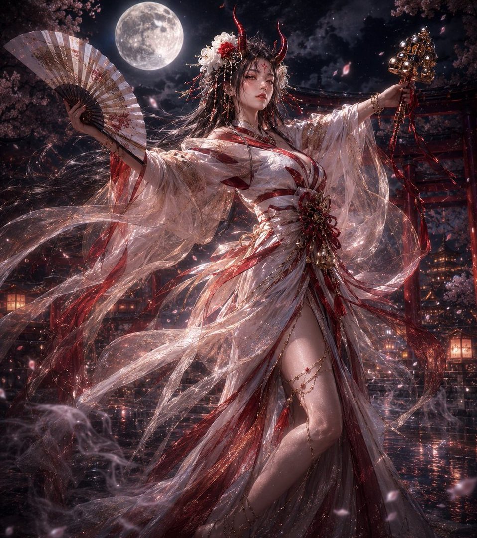 A fantasy portrait of a woman with horns and a flowing kimono, holding a fan and a staff under a full moon.
