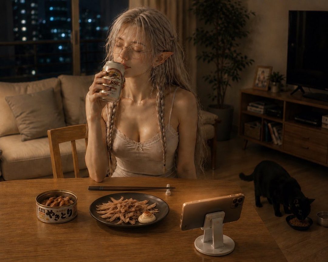 A photorealistic image of an elf woman with white braided hair, wearing a casual top, drinking from a can at a table with food and a smartphone, with a cat nearby in an indoor setting at night.