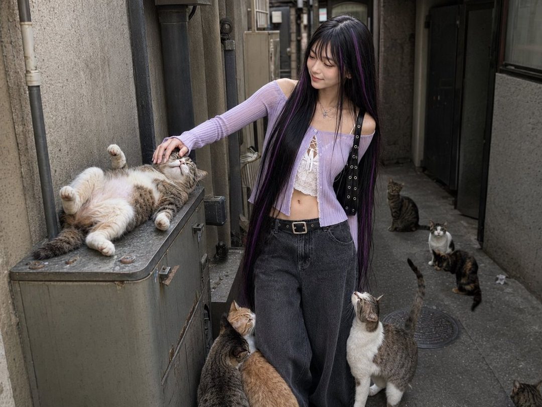 A young woman with long black hair and purple streaks pets a cat in a narrow alleyway surrounded by several other cats.