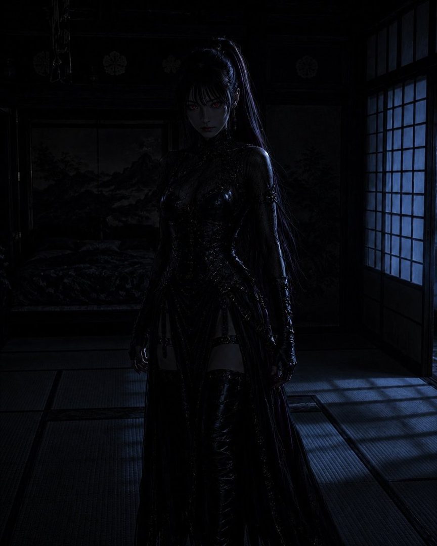 A woman with long black hair in a dark, form-fitting dress stands in a dimly lit room with traditional Japanese screens.