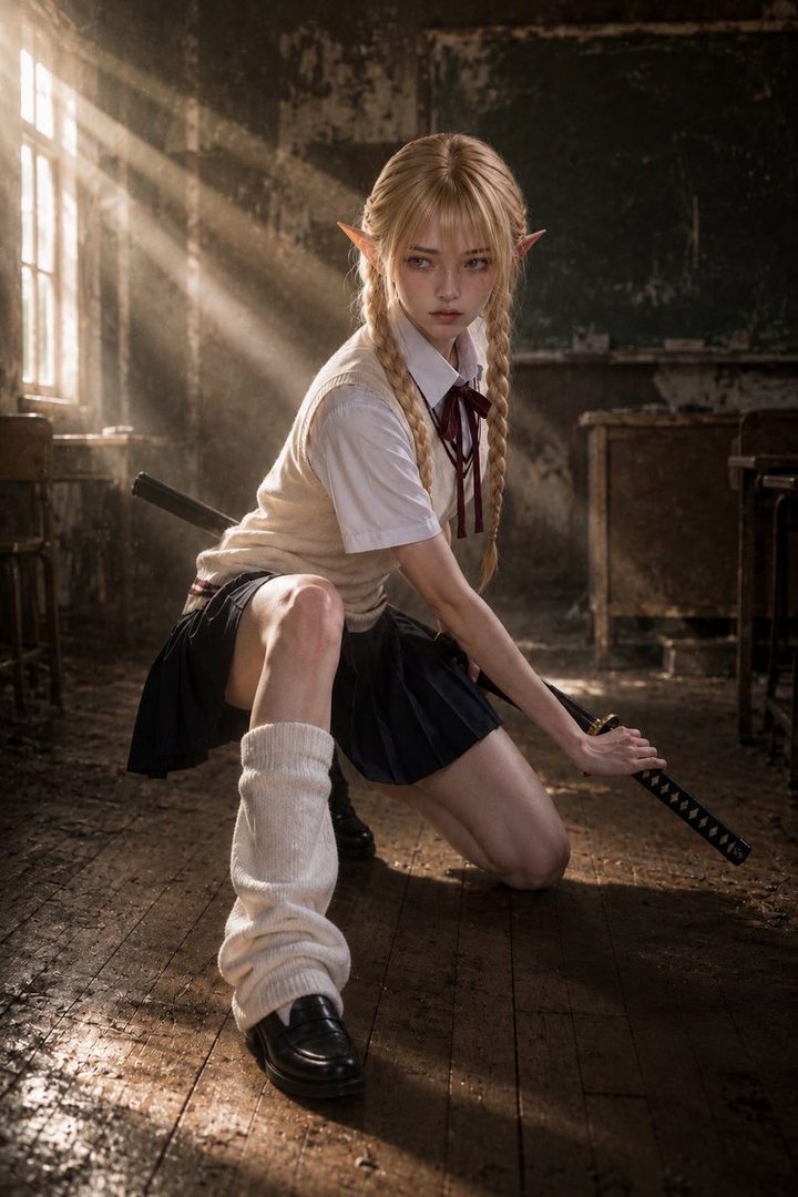 A blonde elf girl in a school uniform kneels in a sunlit, abandoned classroom, holding a katana.