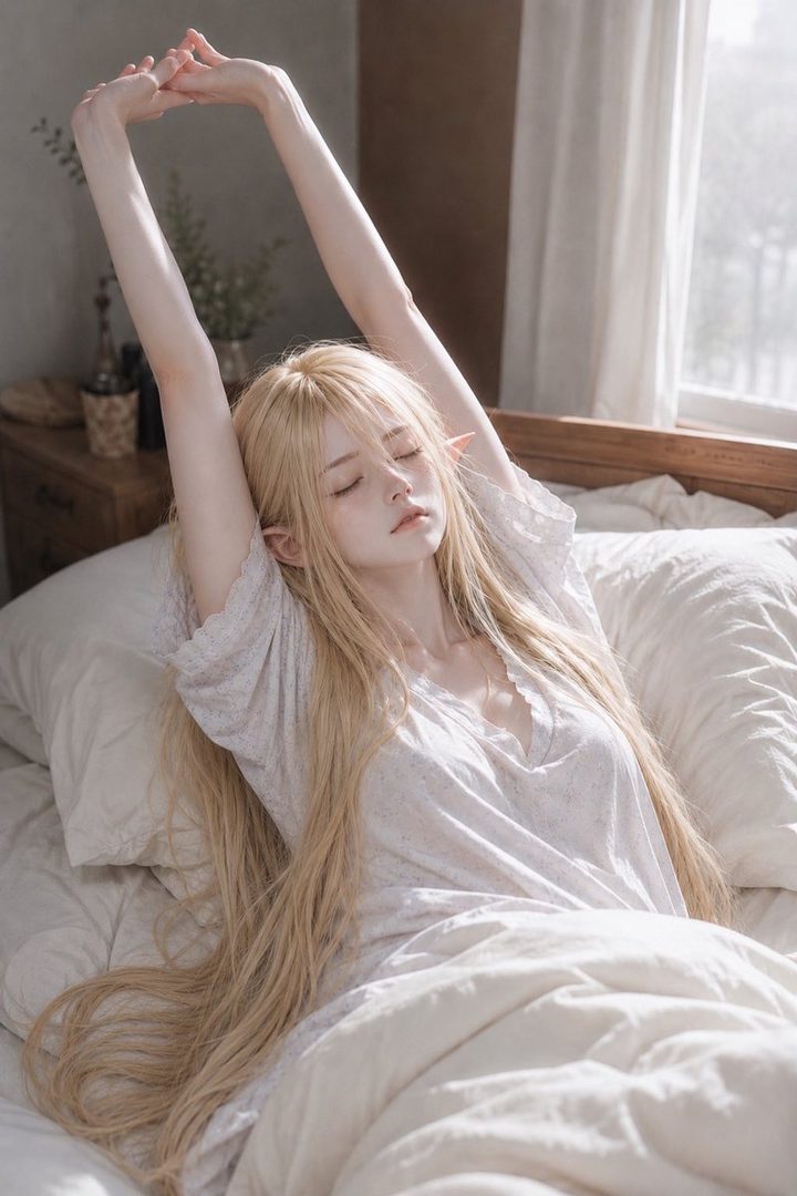 A blonde elf girl stretches in bed, bathed in soft morning light.