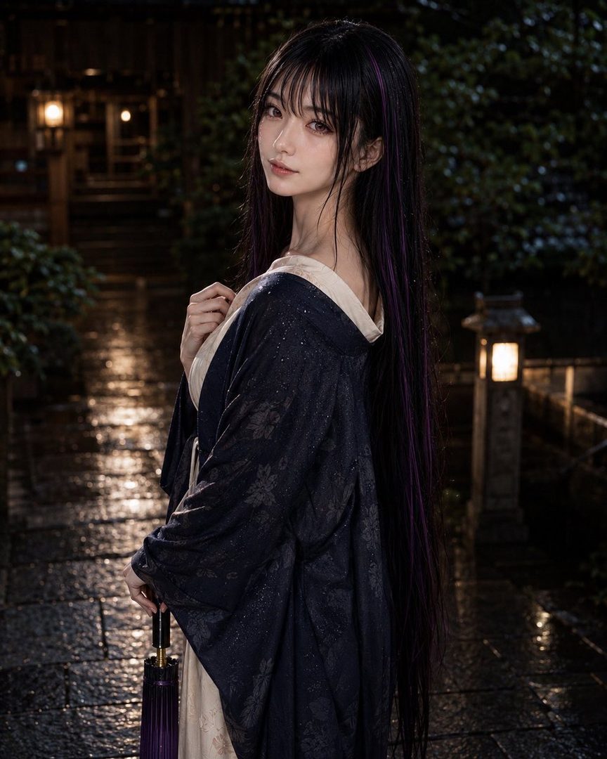 A woman with long black hair and bangs, wearing a kimono, stands outdoors at night in the rain, holding an umbrella.