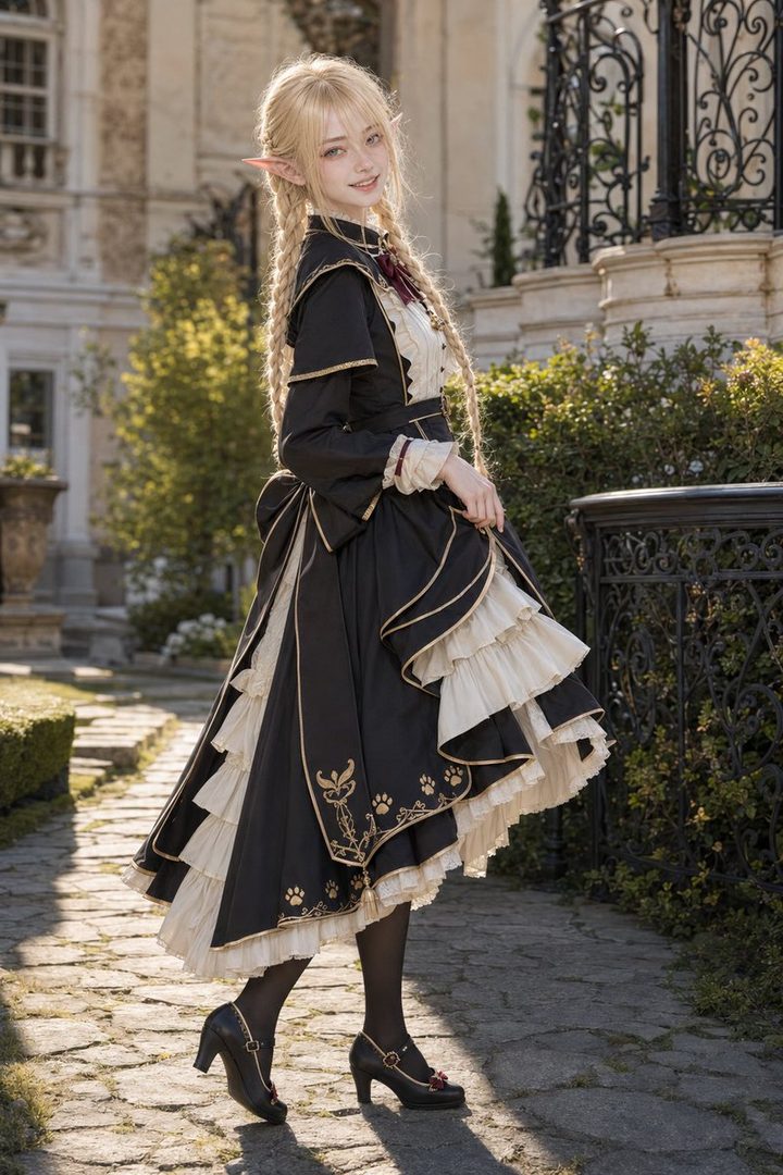 A young woman with long blonde braided hair and elf ears, wearing a black and white lolita dress, stands outdoors in a garden setting.