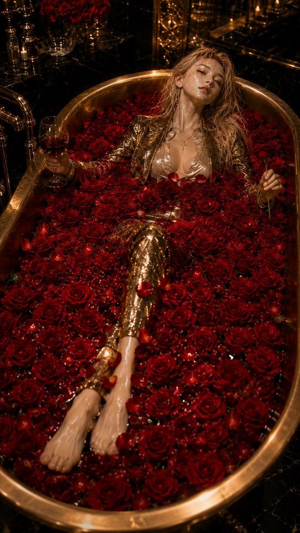 A woman in a golden suit lies in a bathtub filled with red roses, holding a glass of wine.